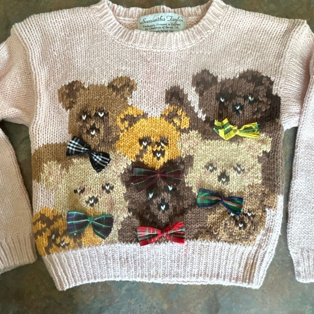 Vintage Kids Teddy Bear Sweater Samantha Taylor Pink with bears front back